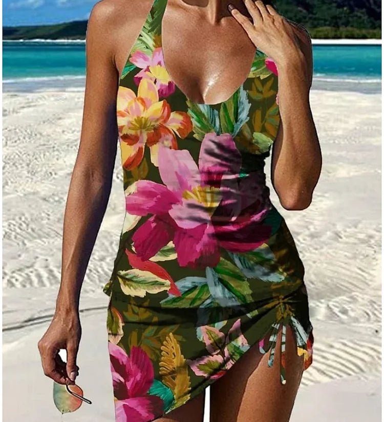 Fiesta | Set de tankini floral cu grafic care acoperă burtica