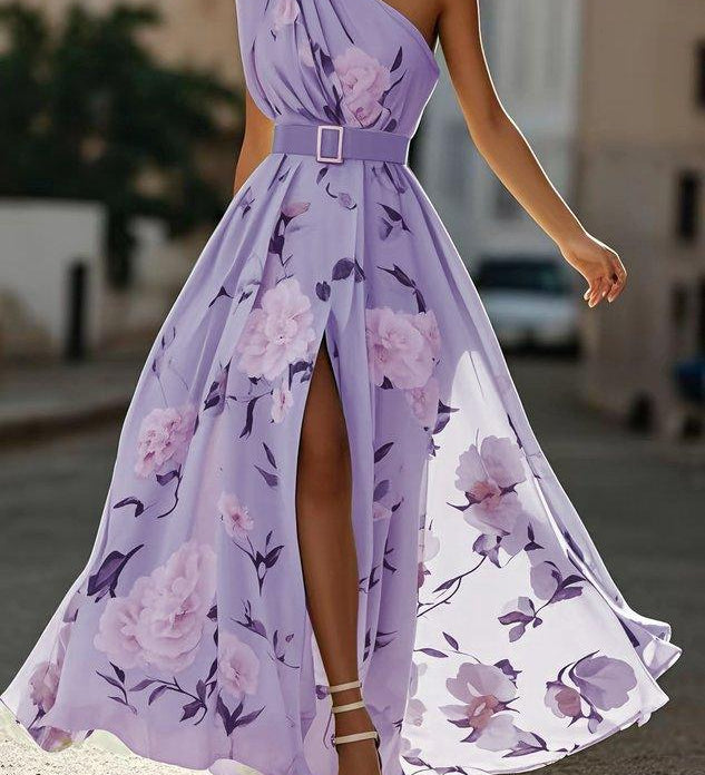 Anna | Rochie Maxi Florală Verde Deschis cu Un Umăr