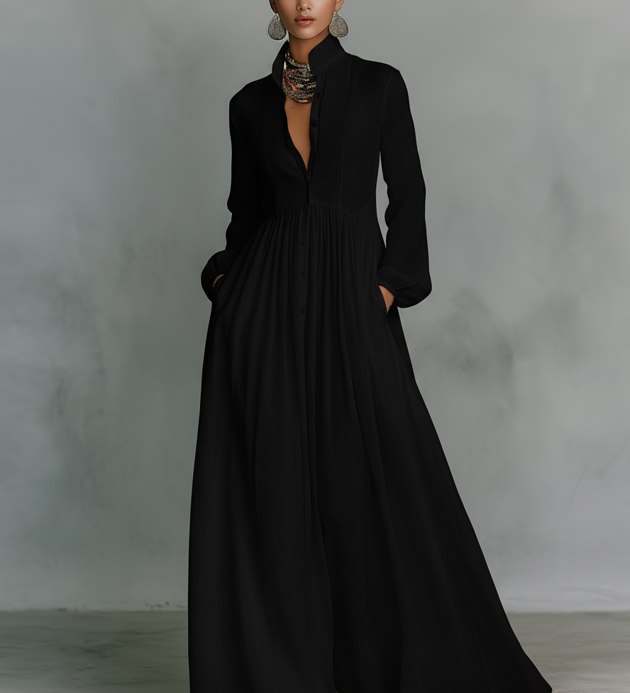 Rozália – rochie maxi din in patchwork cu guler înalt