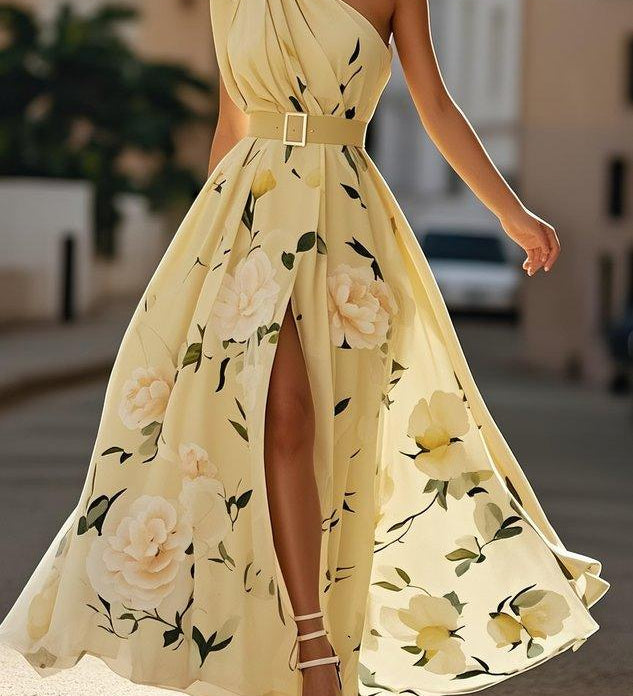 Anna | Rochie Maxi Florală Verde Deschis cu Un Umăr