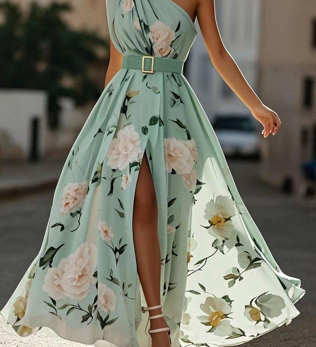 Anna | Rochie Maxi Florală Verde Deschis cu Un Umăr