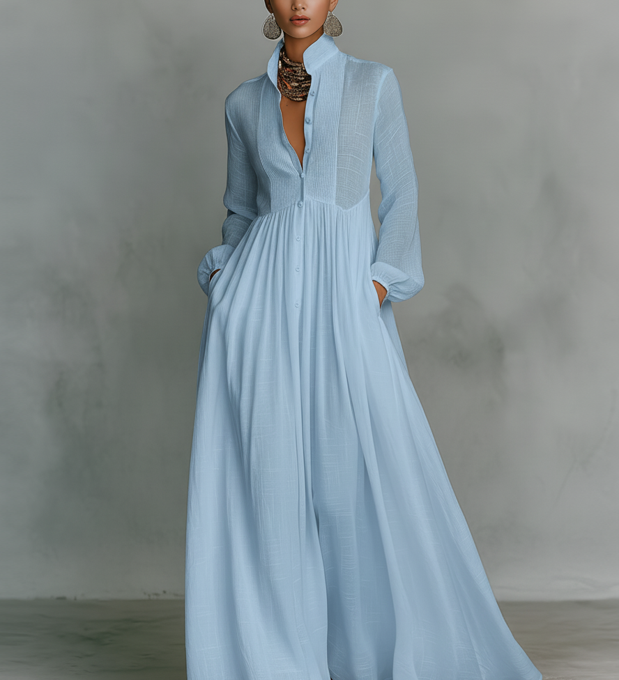 Rozália – rochie maxi din in patchwork cu guler înalt
