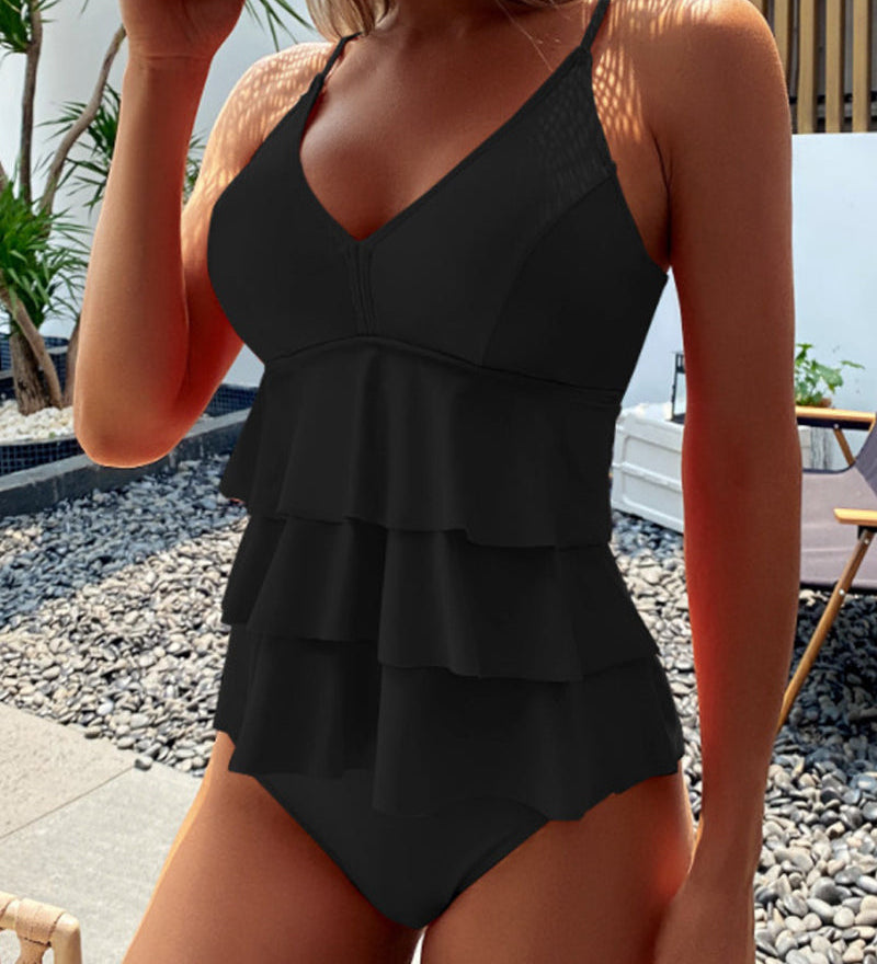 Lia – Costum de Baie Solid cu Volane Elegante