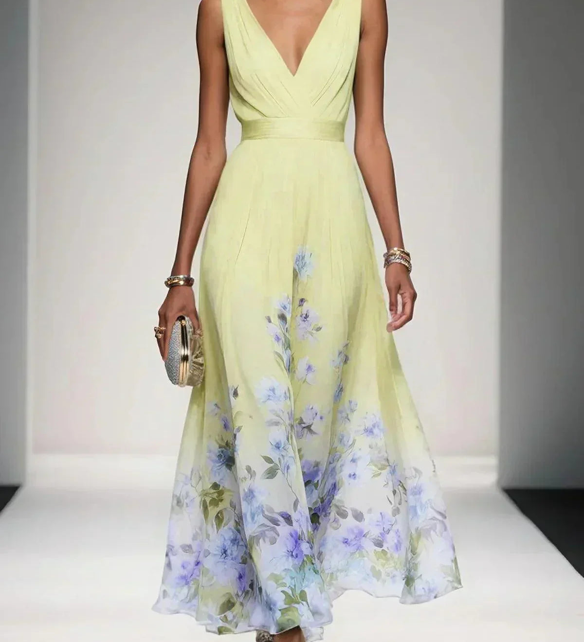 Roza | Rochie Maxi din Chiffon Albăstrie cu Decolteu în Formă de Sere