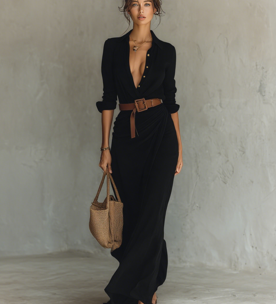 Sára – rochie maxi cu guler rever și mâneci lungi