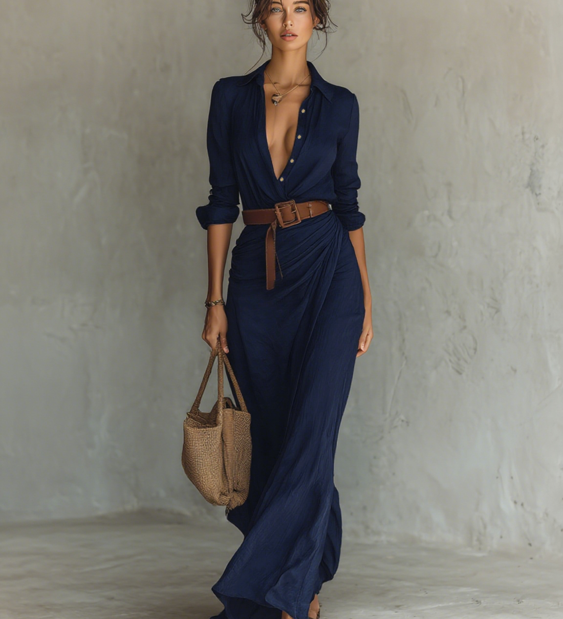 Sára – rochie maxi cu guler rever și mâneci lungi