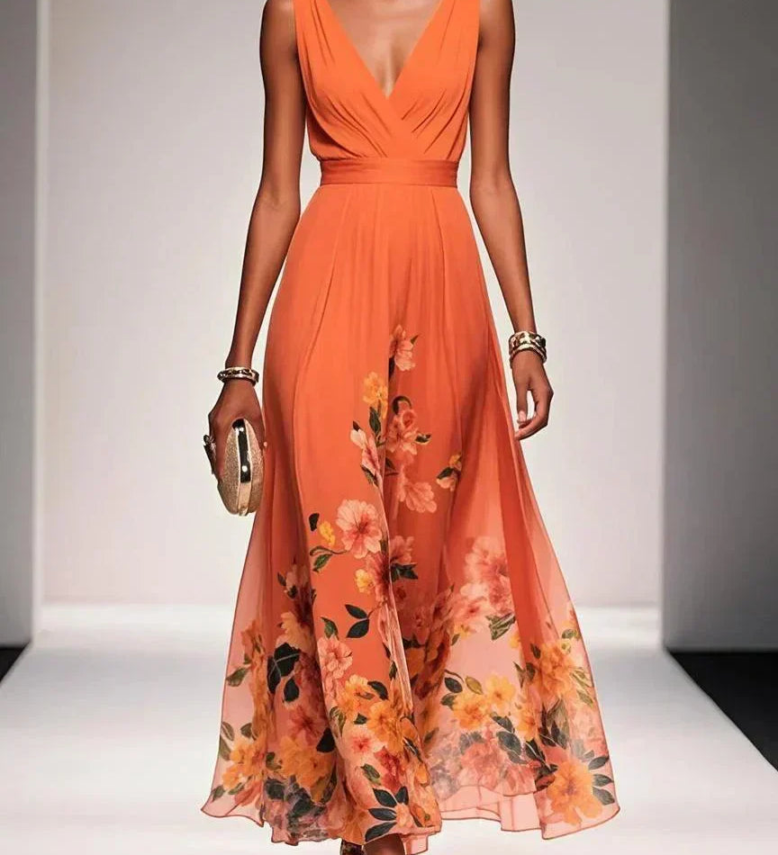 Roza | Rochie Maxi din Chiffon Albăstrie cu Decolteu în Formă de Sere