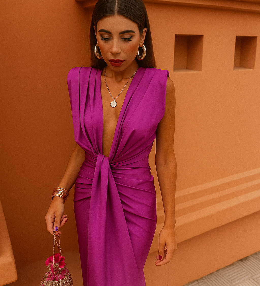 Isla – Rochie Midi de Damă cu Decolteu și Drapaje Elegante