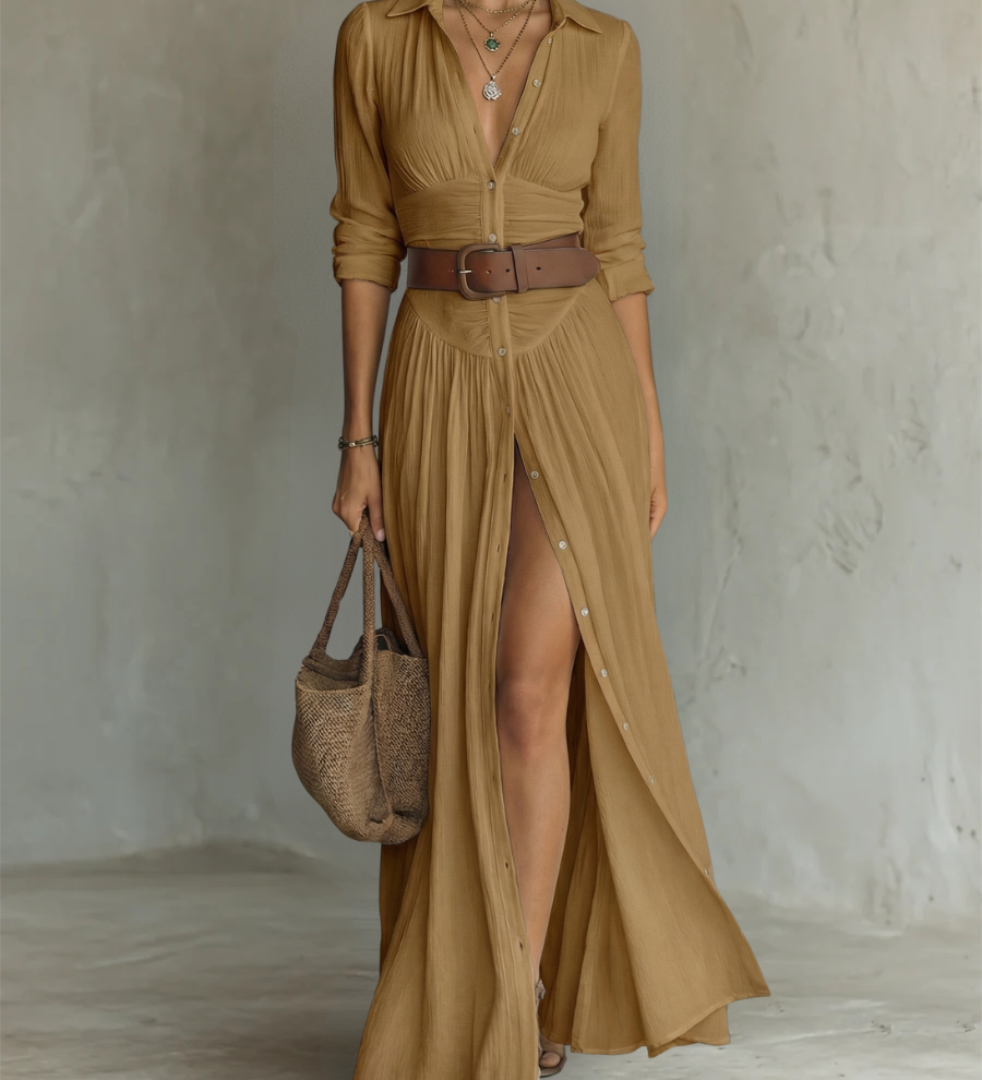 Sarolta – rochie maxi din in cu guler rever