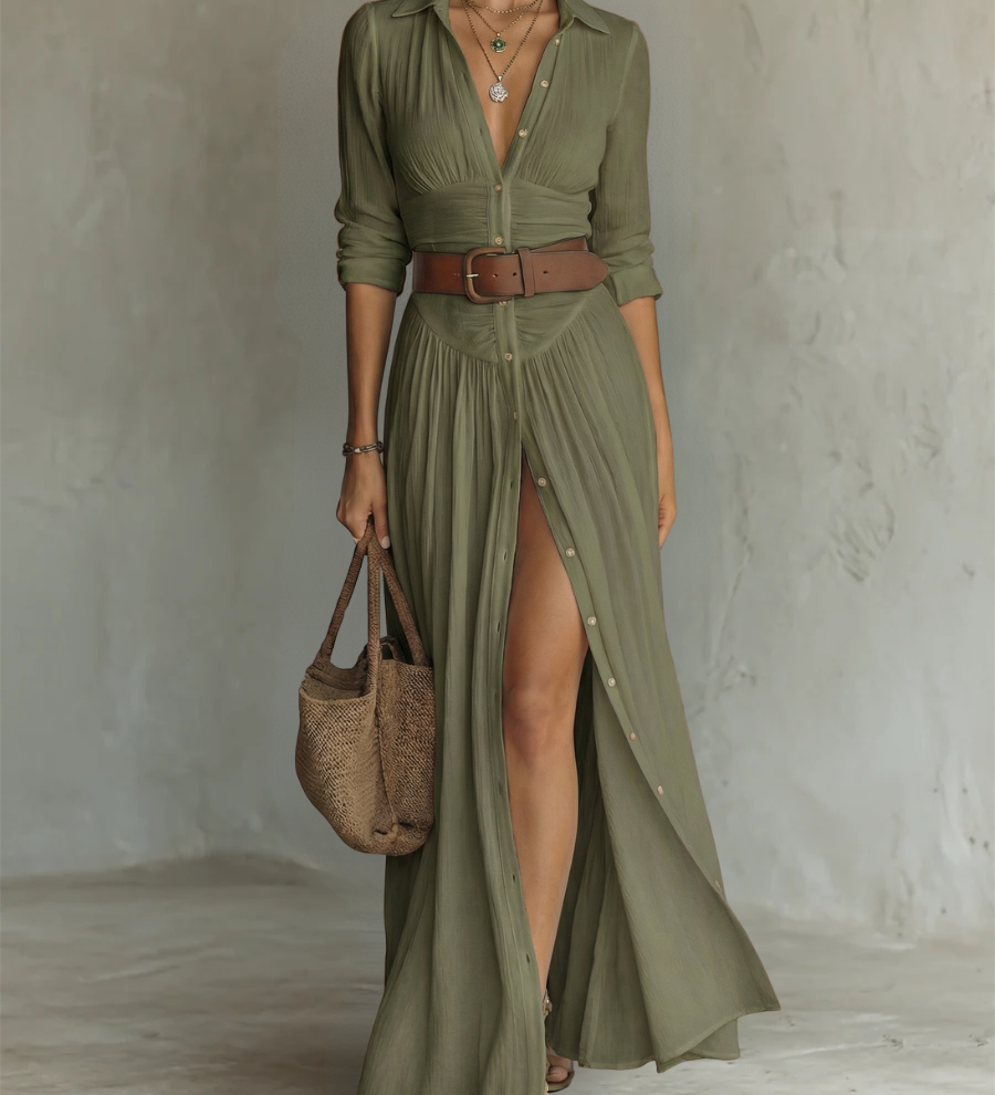 Sarolta – rochie maxi din in cu guler rever