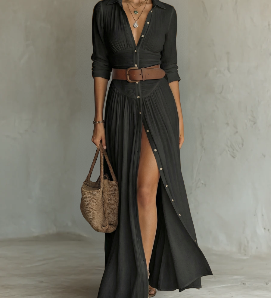 Sarolta – rochie maxi din in cu guler rever