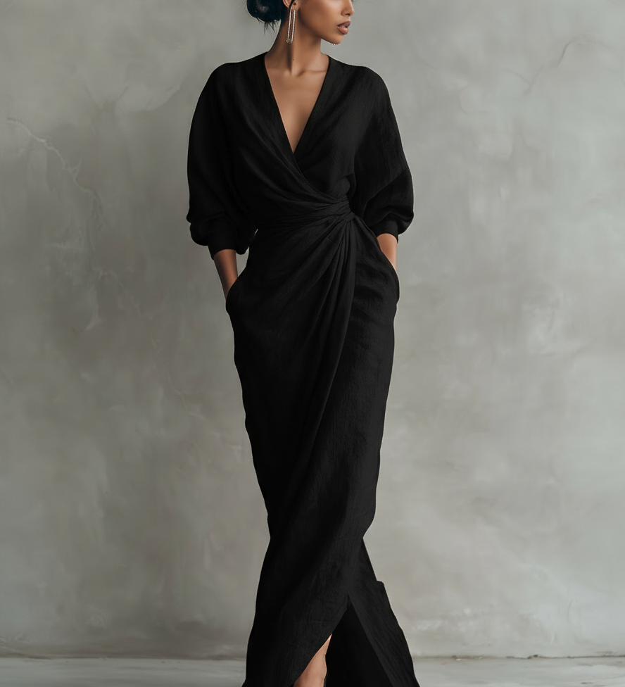 Tünde – rochie maxi din in cu decolteu în V