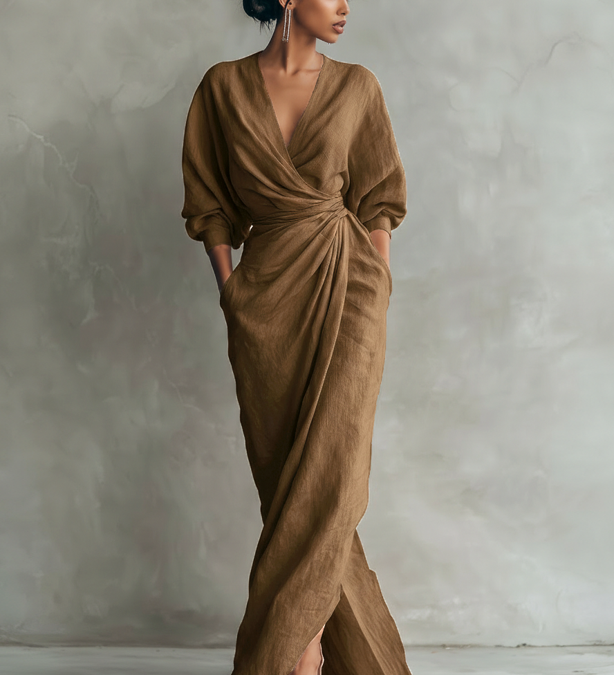 Tünde – rochie maxi din in cu decolteu în V