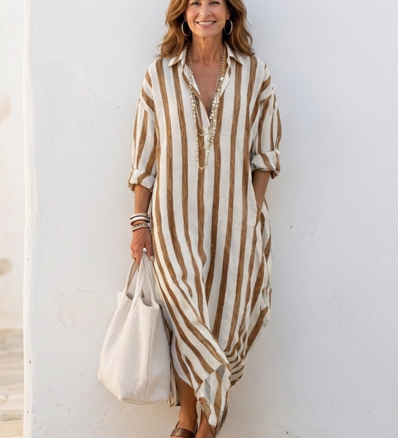 Naomi | Rochie midi cu mânecă lungă și dungi