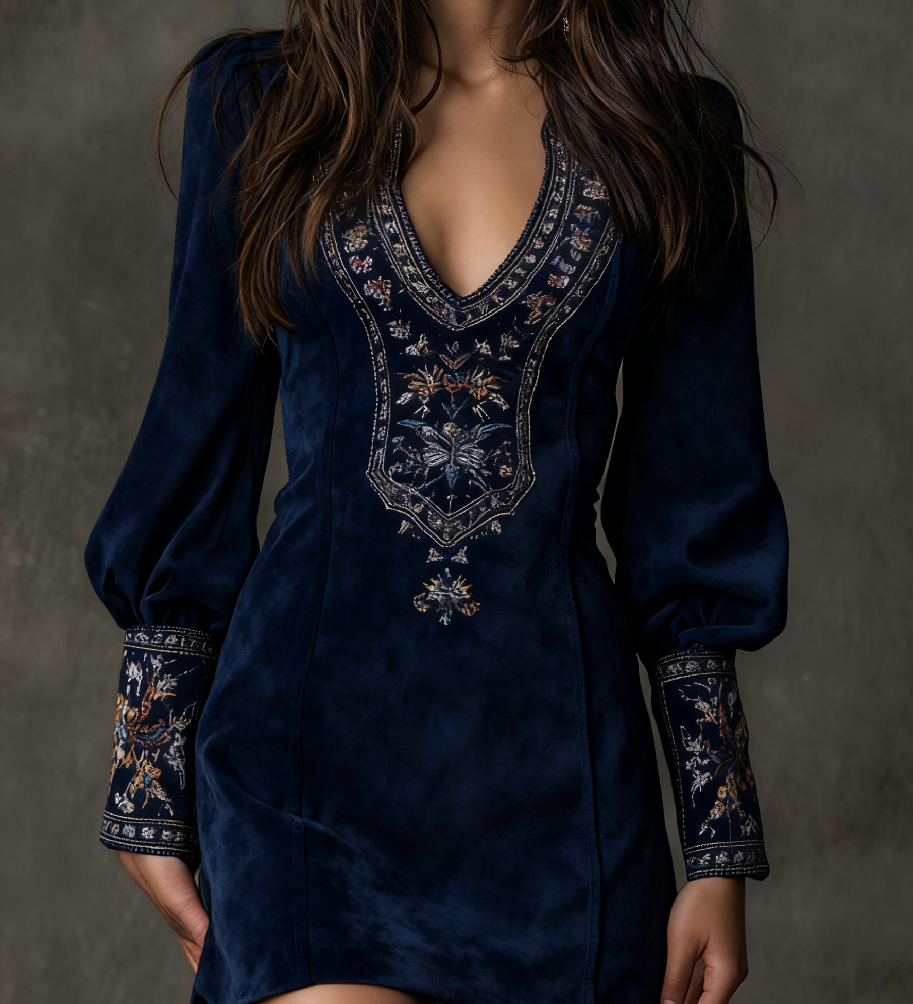 Amalia | Rochie mini vintage maro din suede cu decolteu în V și broderie