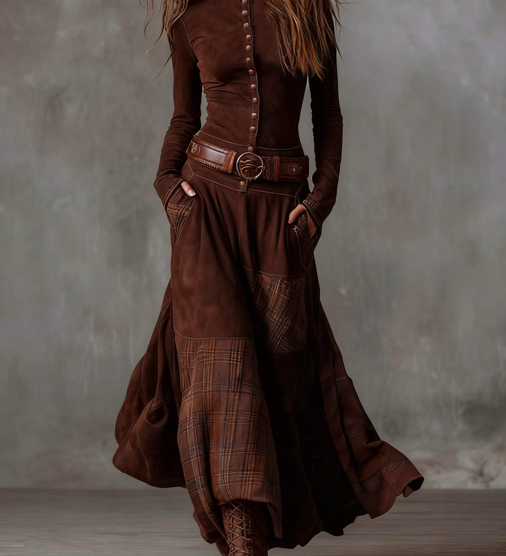 Lorena | Rochie lungă vintage din ante cu carouri bleumarin (include curea)