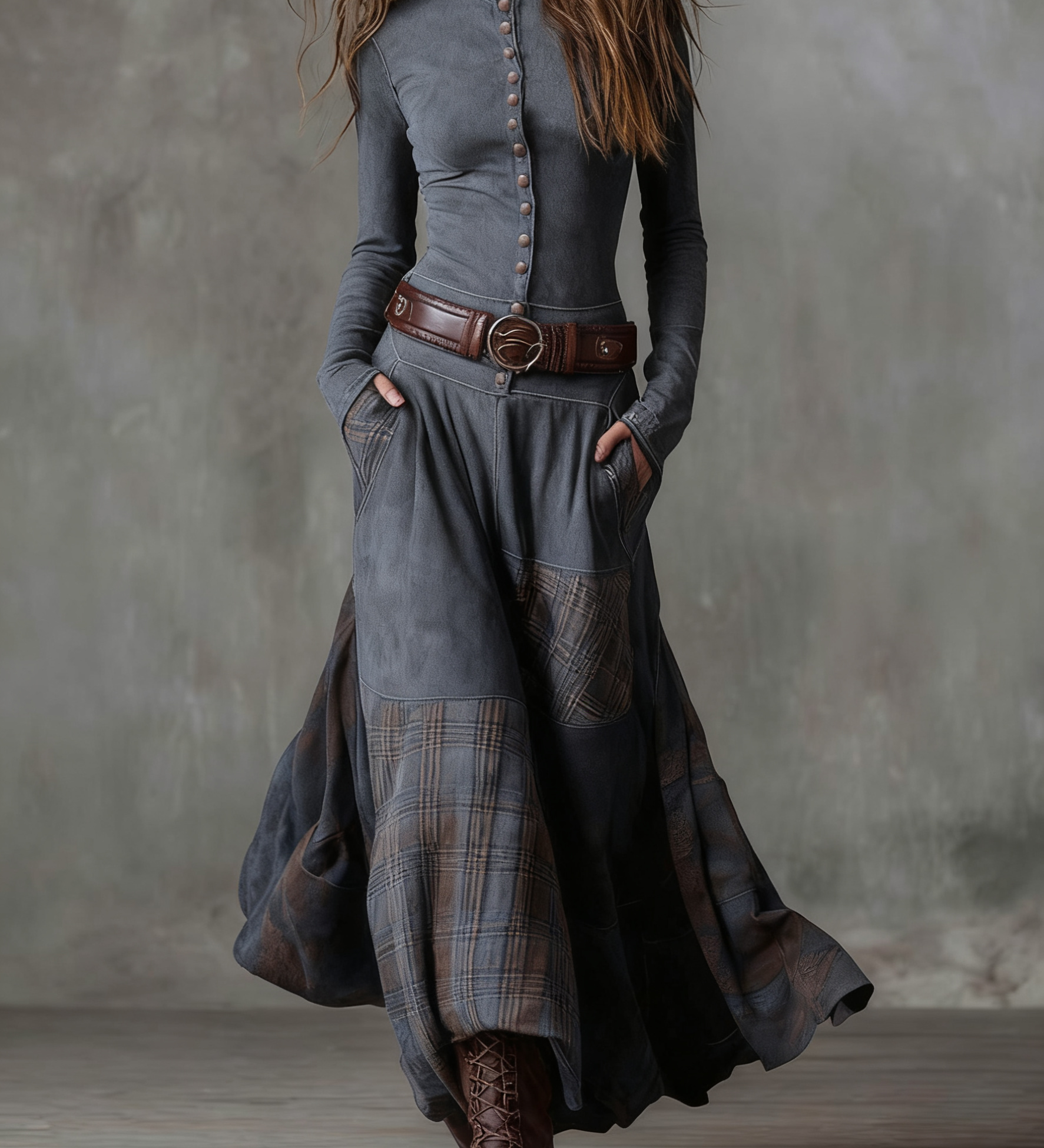 Lorena | Rochie lungă vintage din ante cu carouri bleumarin (include curea)