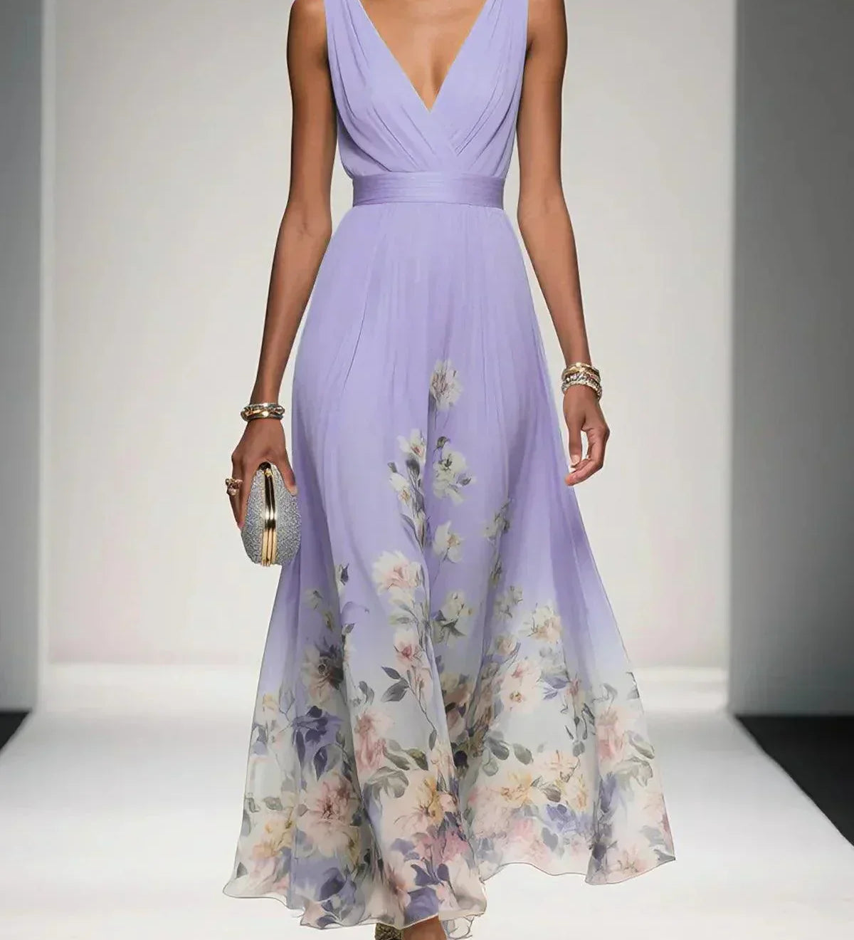 Roza | Rochie Maxi din Chiffon Albăstrie cu Decolteu în Formă de Sere