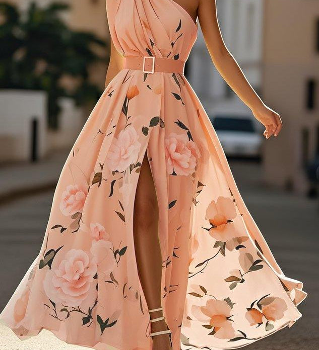 Anna | Rochie Maxi Florală Verde Deschis cu Un Umăr