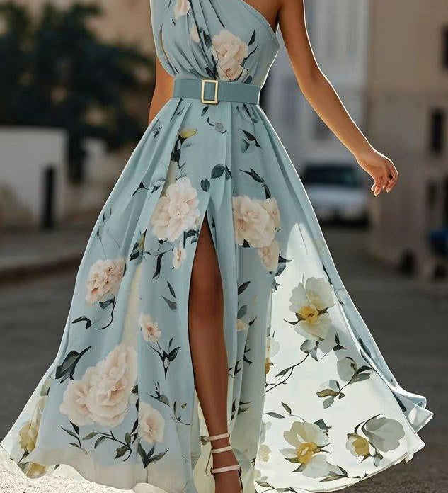 Anna | Rochie Maxi Florală Verde Deschis cu Un Umăr