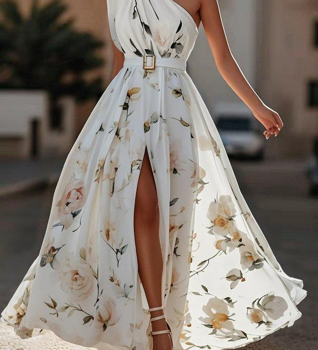 Anna | Rochie Maxi Florală Verde Deschis cu Un Umăr