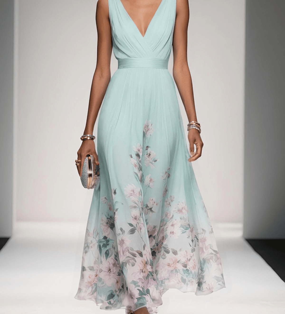Roza | Rochie Maxi din Chiffon Albăstrie cu Decolteu în Formă de Sere