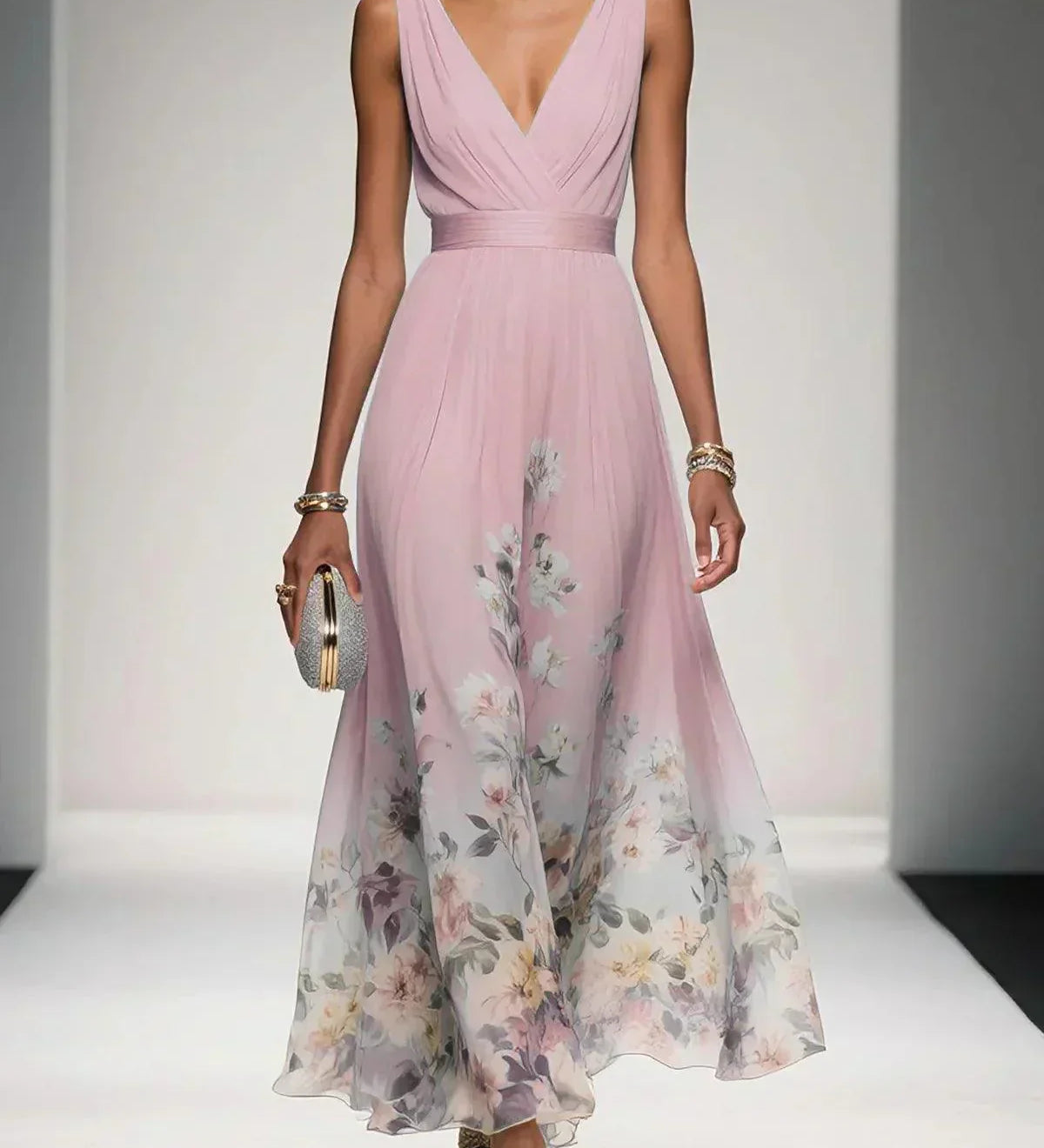 Roza | Rochie Maxi din Chiffon Albăstrie cu Decolteu în Formă de Sere