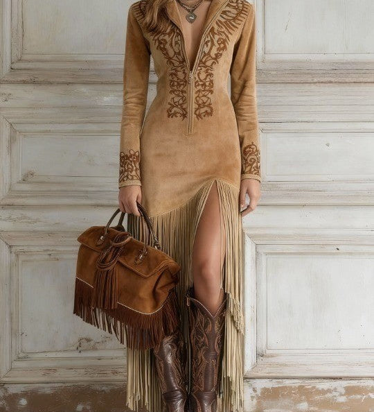 Valentina | Rochie lungă stil western cu jumătate de fermoar, broderie și franjuri